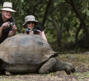 Photo of two travelers with a huge Galapagos tortoise